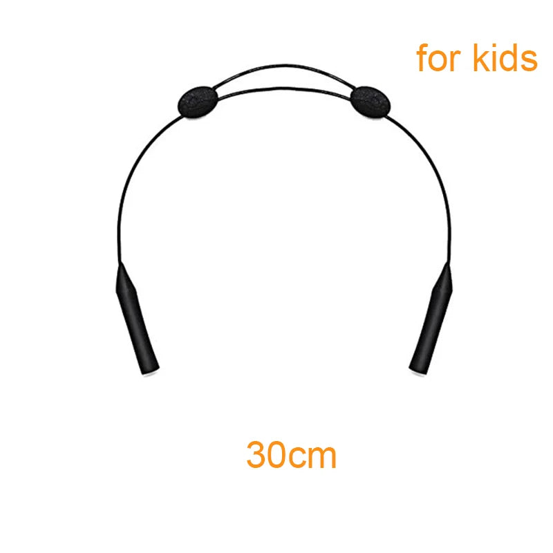 Black adjustable silicone eyewear strap for kids, measuring 30cm.