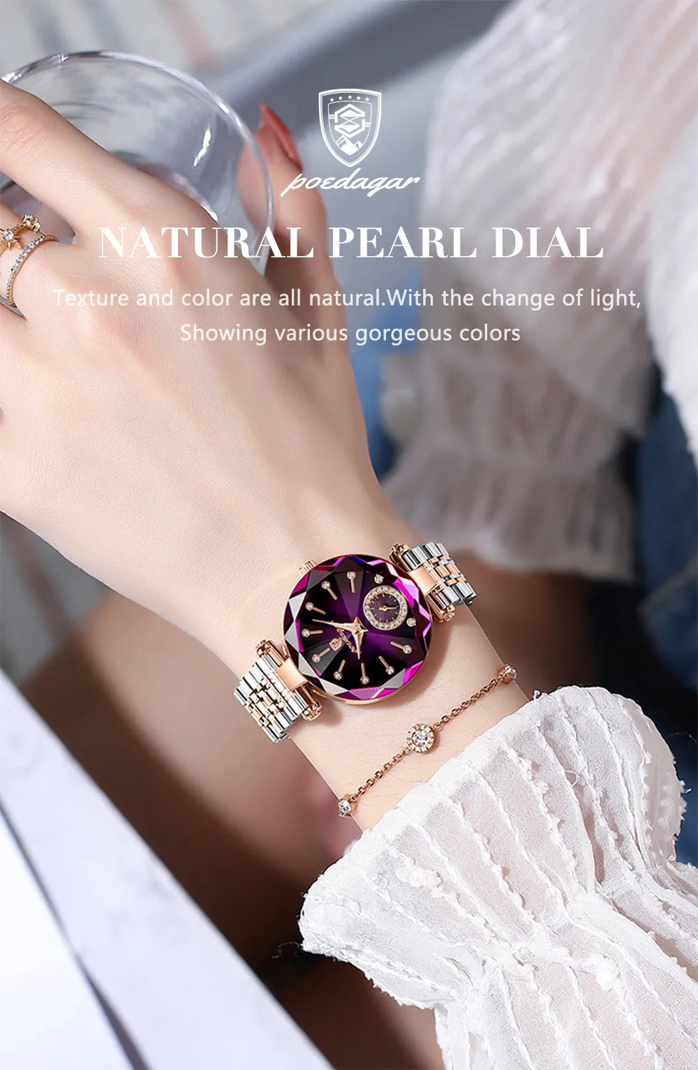 A close-up of a woman wearing a natural pearl dial wristwatch on her wrist.