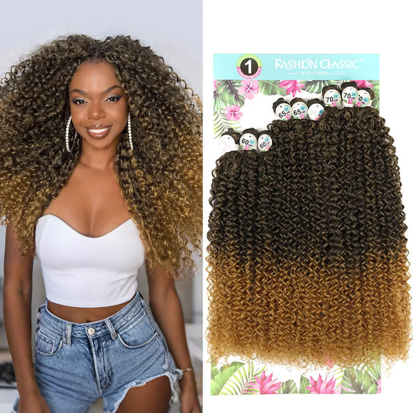A woman models long curly hair extensions bundle with a natural color blend of blonde and dark brown.