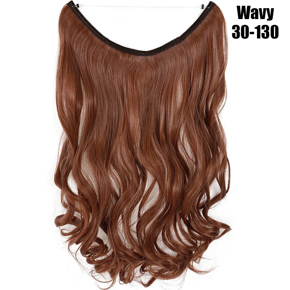 A bundle of wavy brown hair extensions with invisible wires, sold in a 30-130 size range.