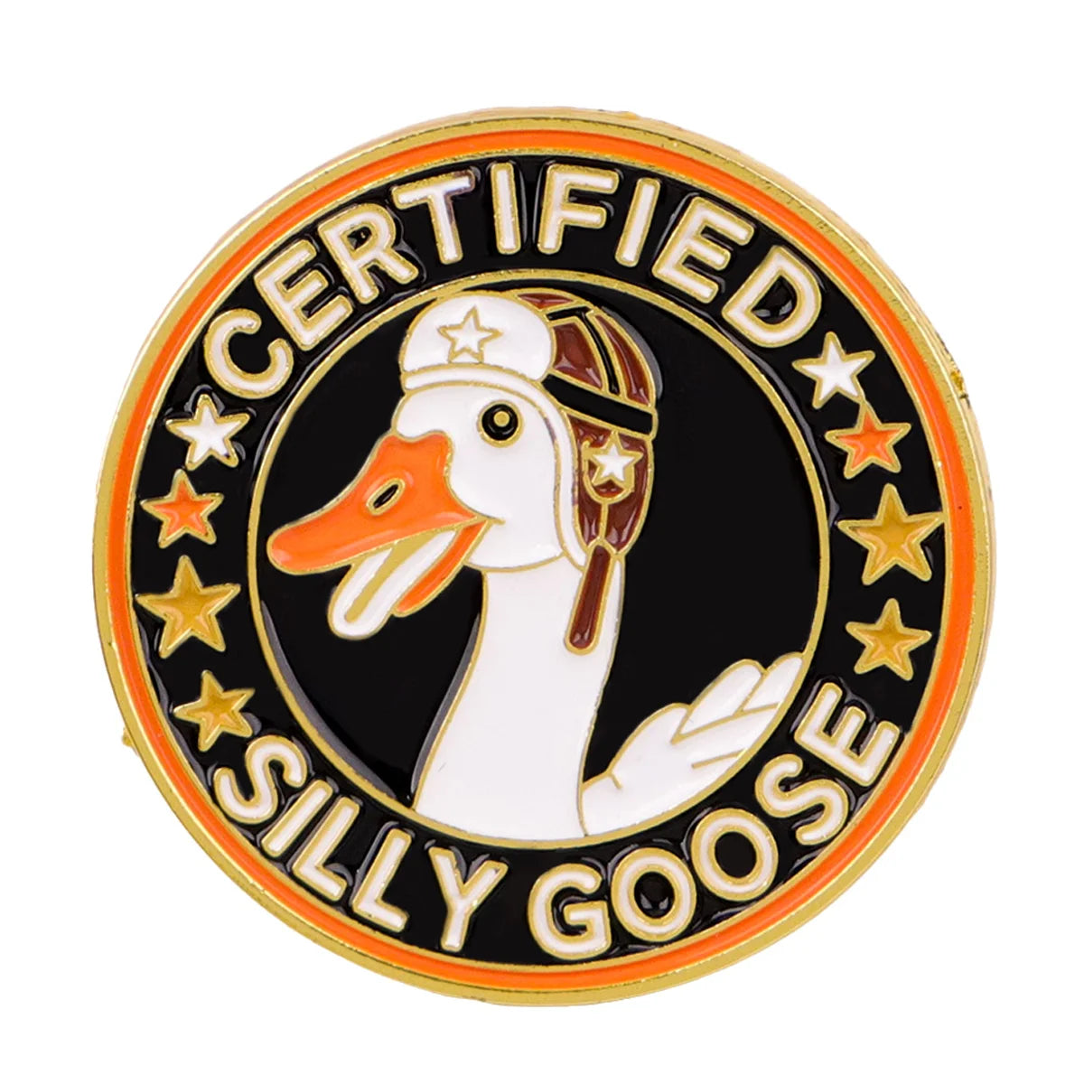 Enamel pin featuring a white goose silhouette surrounded by stars and the text SILLY GOOSE