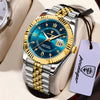 Montre-bracelet quartz homme argent et or avec cadran bleu et chiffres romains sur fond beige clair.