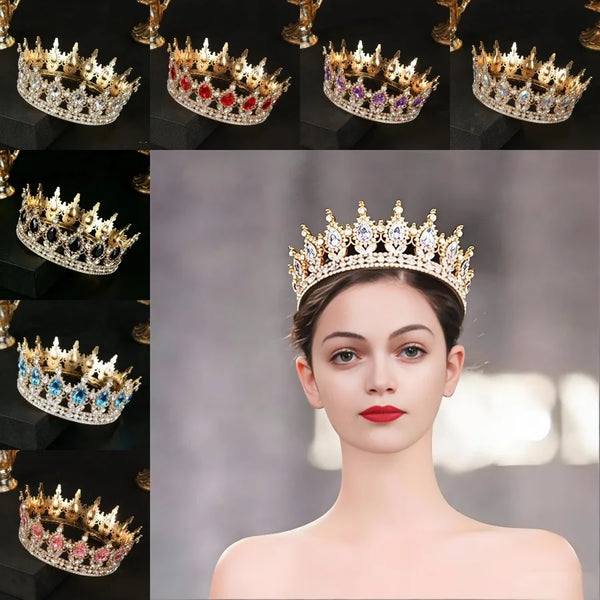 A close-up of a luxury crystal rhinestone tiara crown displayed on various black stands and worn by a model.