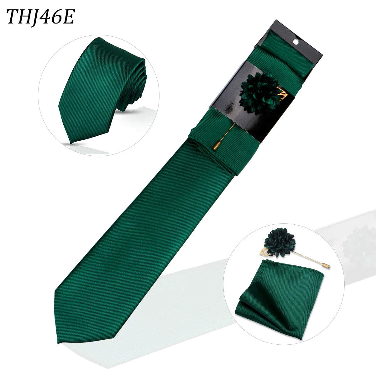 Corbata de seda verde esmeralda oscura con pañuelo de bolsillo floral negro y hebilla dorada