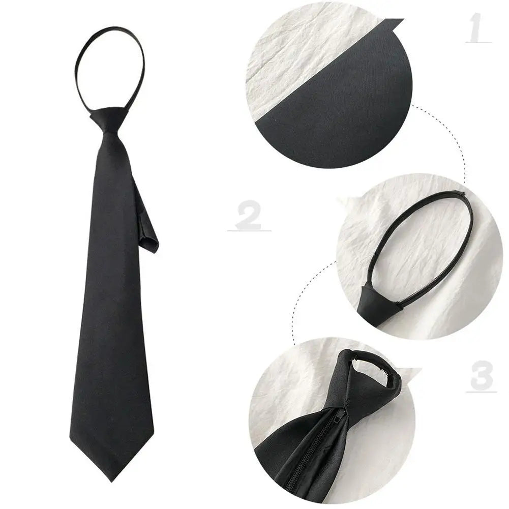 Three views of a black clip-on tie for shirts and suits, showing the tie hanging, a close-up of the clip, and a folded versio