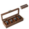 A wooden watch and jewelry display box with multiple slots for showcasing watches.