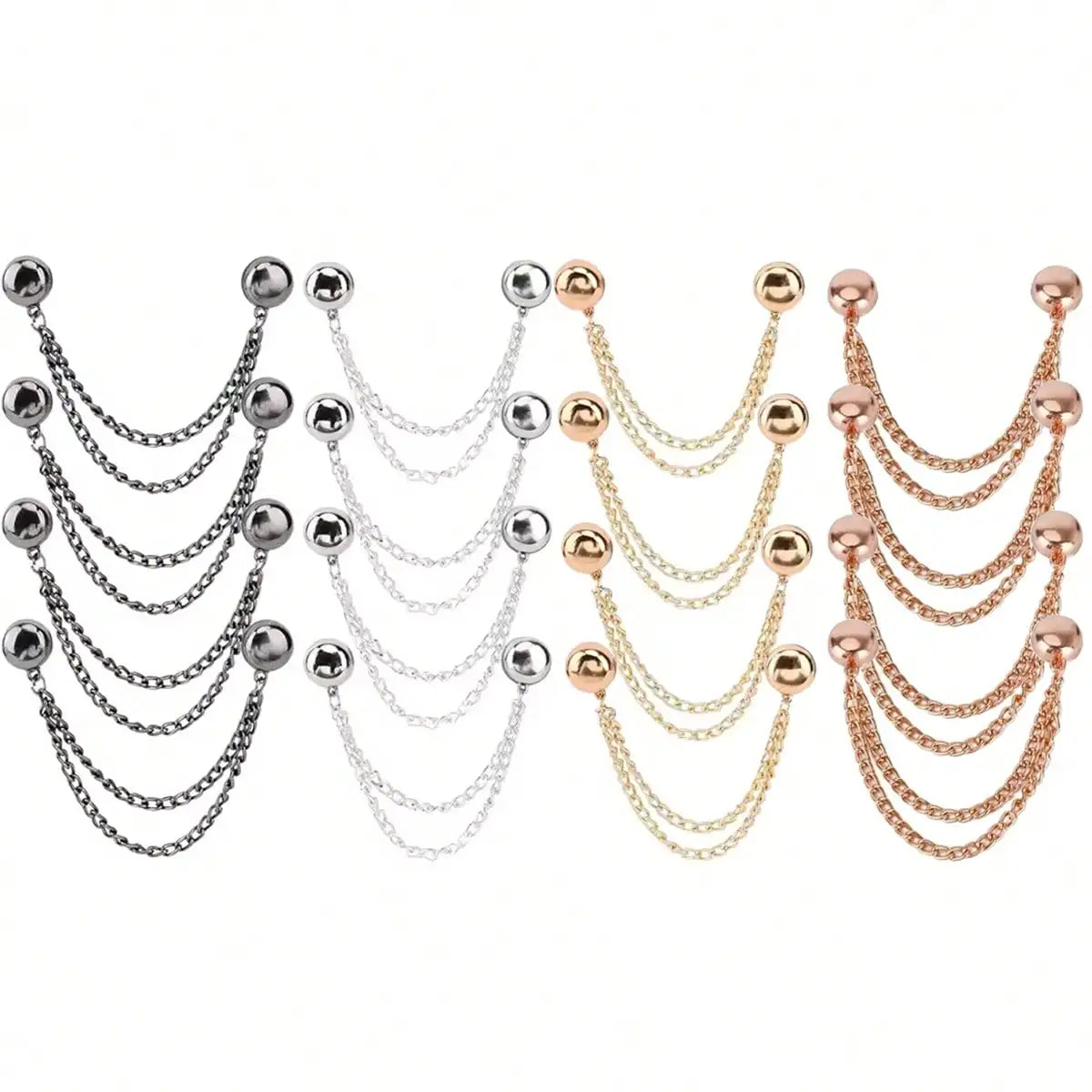 A display of multi-function magnetic clothing clips in various silver, gold, and rose gold tones.