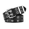 Black leather belt with silver hardware and double holes shown from the side.