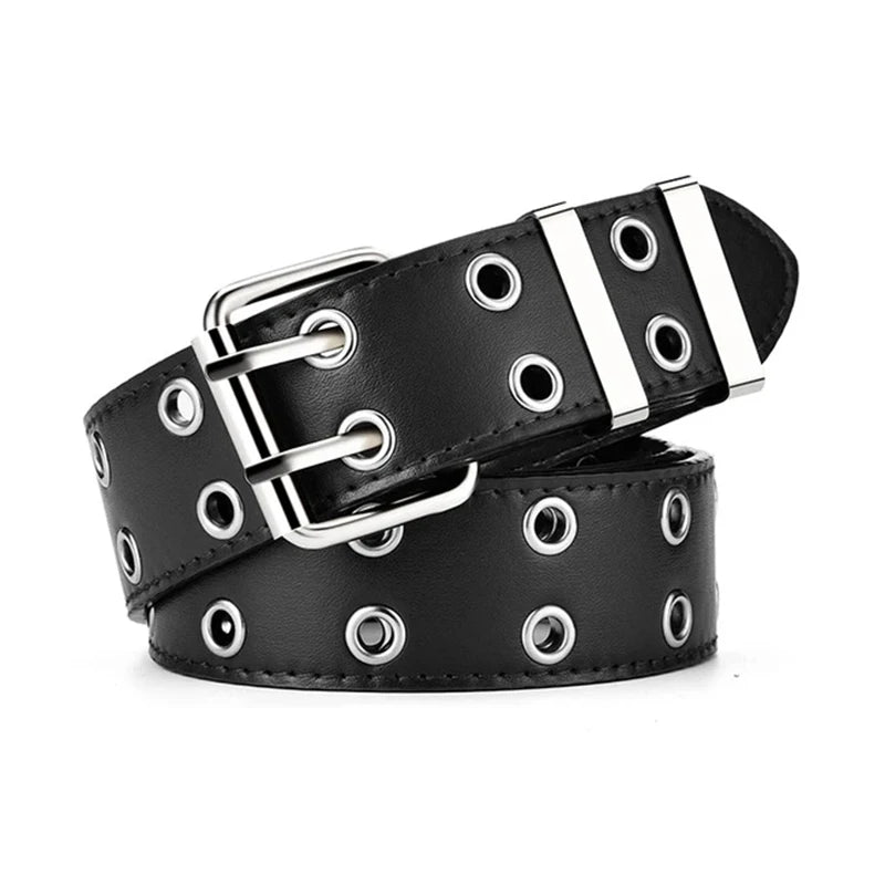 Black leather belt with silver hardware and double holes shown from the side.