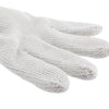 A close-up of a white knitted thread work glove shown from the palm side.