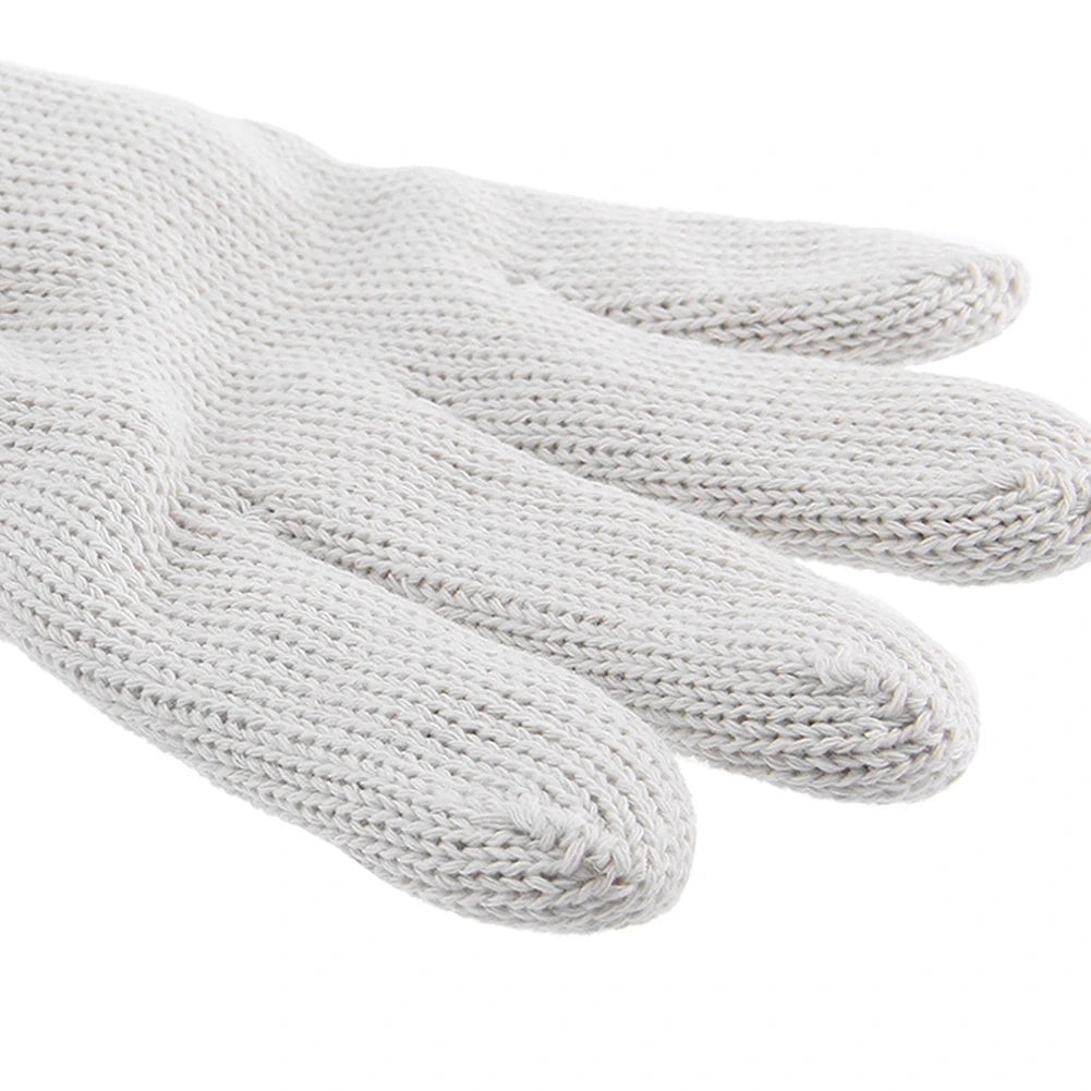 A close-up of a white knitted thread work glove shown from the palm side.