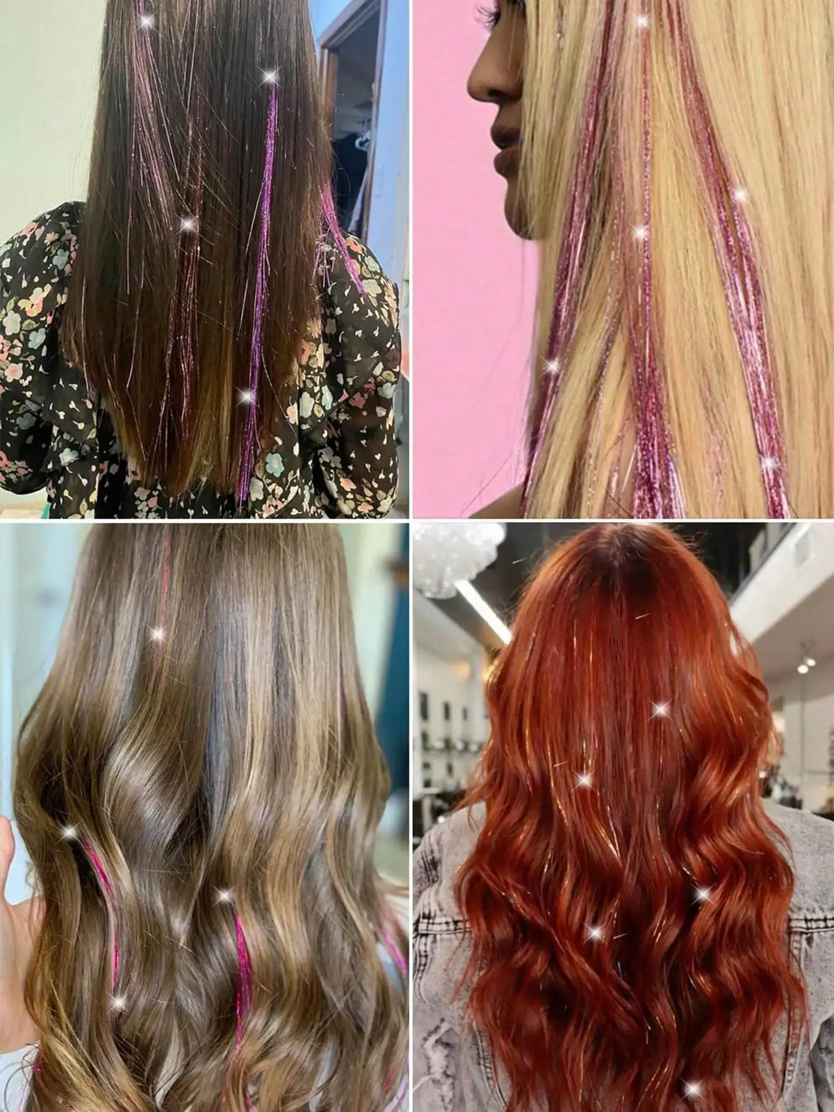 Close-up of various lengths and colors of synthetic hair tinsel, including pink, gold, and red strands.