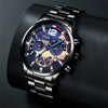 A close-up of a black men's stainless steel quartz watch with a blue dial and gold accents on a dark background.