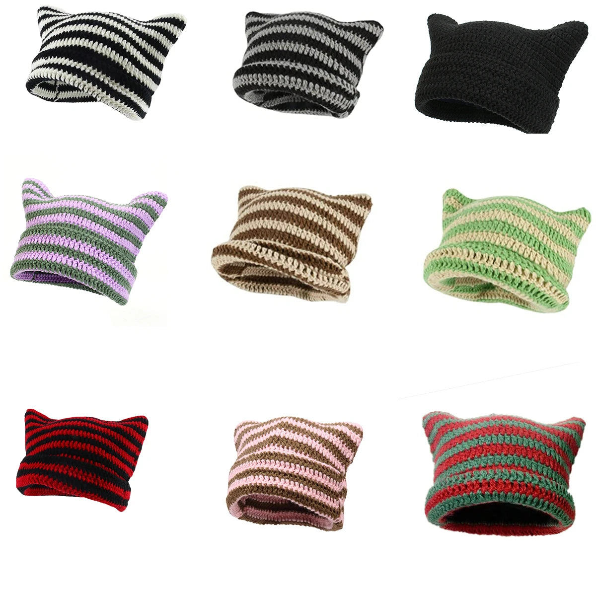 A collection of crocheted cat ears beanie hats in various stripes and colors.