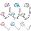 A set of silver horseshoe nose rings featuring pink, blue, and clear diamond-cut gemstone designs.