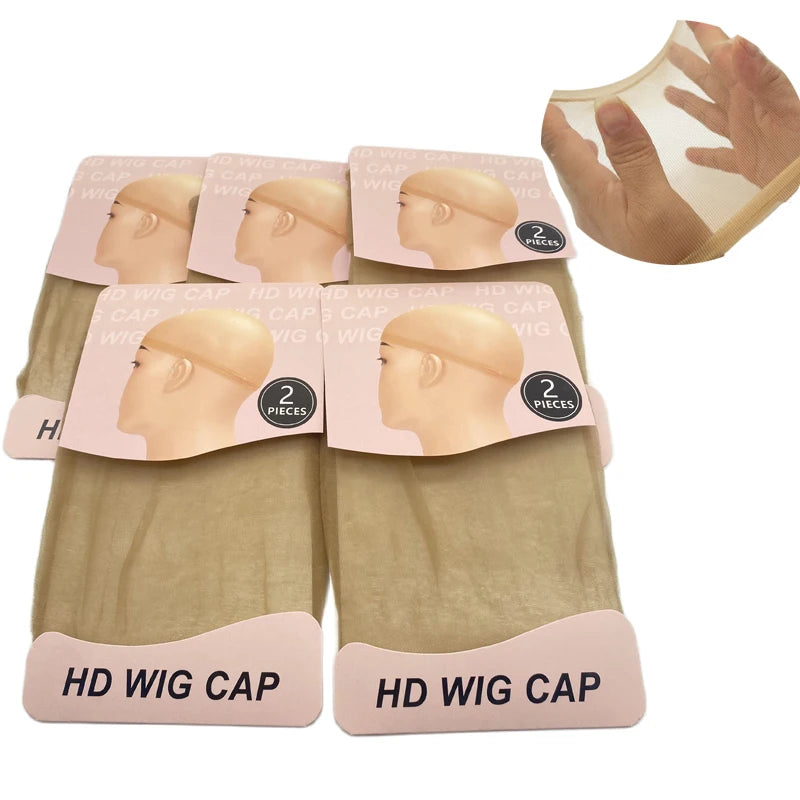 A set of beige invisible sheer wig caps for HD wigs shown with individual pieces and a full cap.