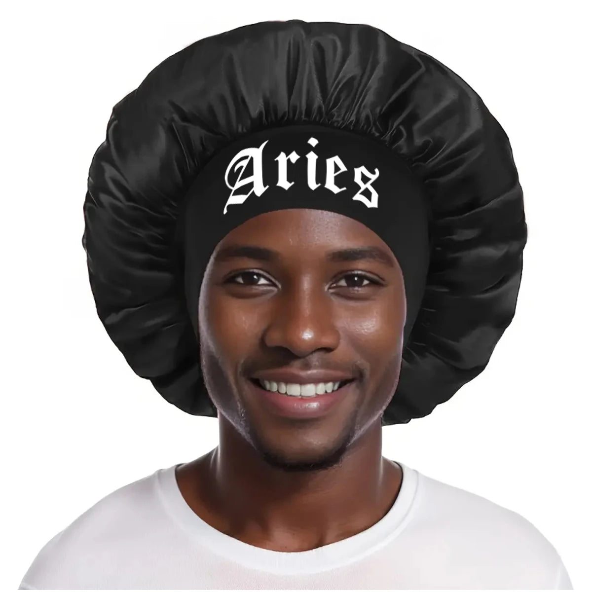 A man wearing a black satin sleep bonnet with an Aries wrap band.