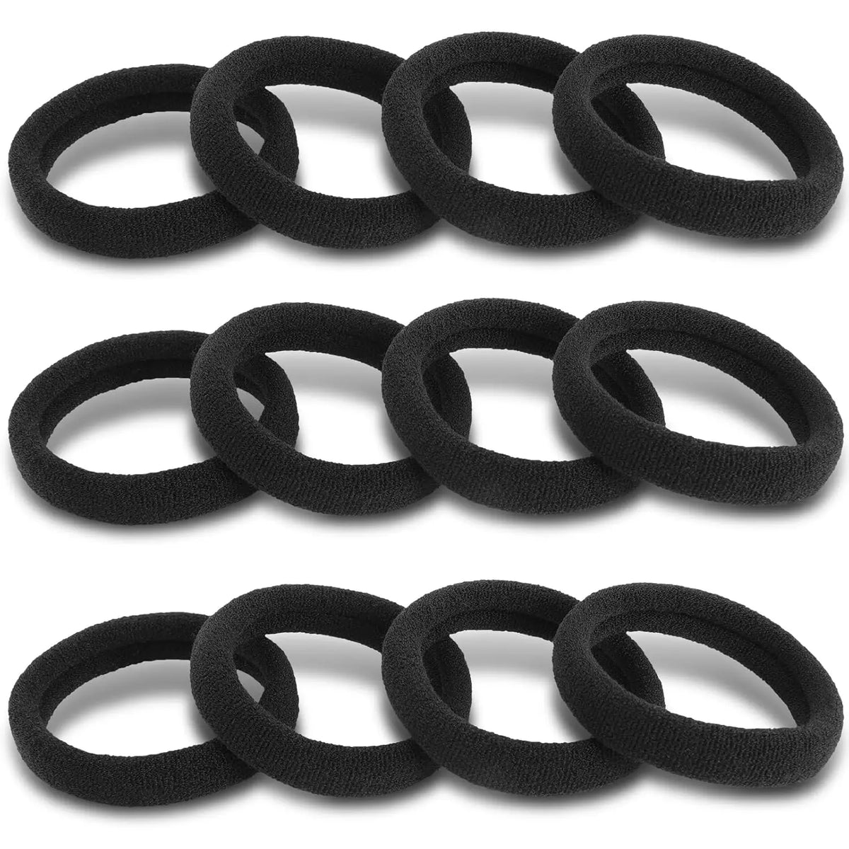 A set of black seamless hair ties used for ponytail holders.