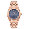 A rose gold luxury square quartz men's watch with a blue dial and luminous features.