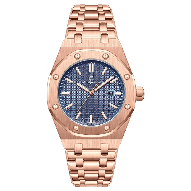 A rose gold luxury square quartz men's watch with a blue dial and luminous features.