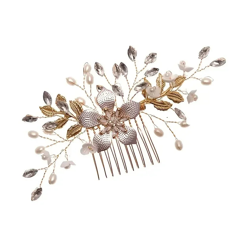 Golden leaf shaped pearl flower hairpin comb with delicate gold and pearl accents