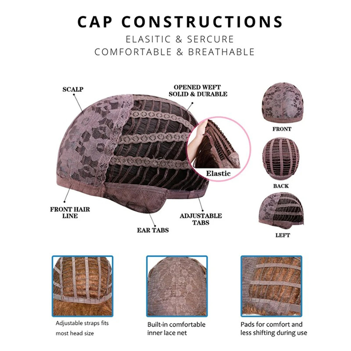 Close-up view of a cap construction showing elastic and secure features like front hair line, ear tabs, and adjustable tabs.