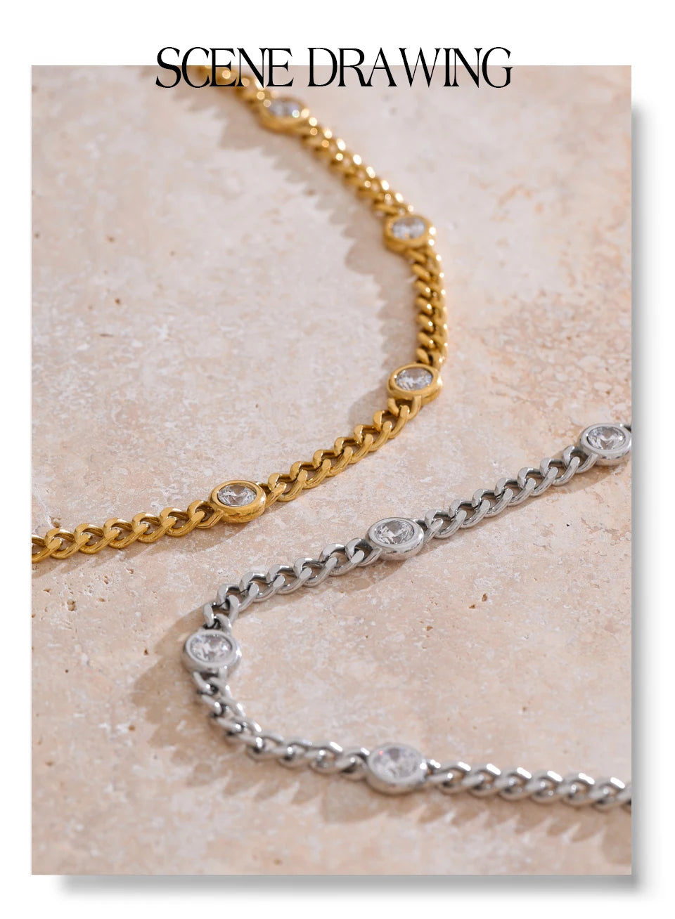 A close-up of a gold-toned charm necklace and a silver-toned chain necklace displayed on a light pink marble surface.