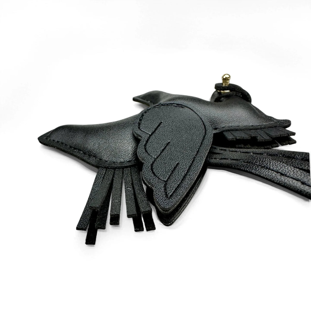 Black leather elegant winged pony keychain with detailed feather design