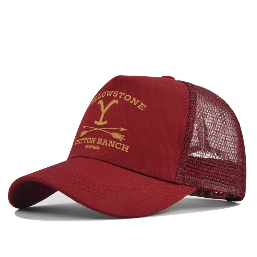 A maroon baseball cap with a mesh back and embroidered text reading Yellowstone Dutton Ranch Montana