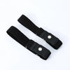 A black elastic casual belt with silver-toned buckles shown diagonally on a white background.