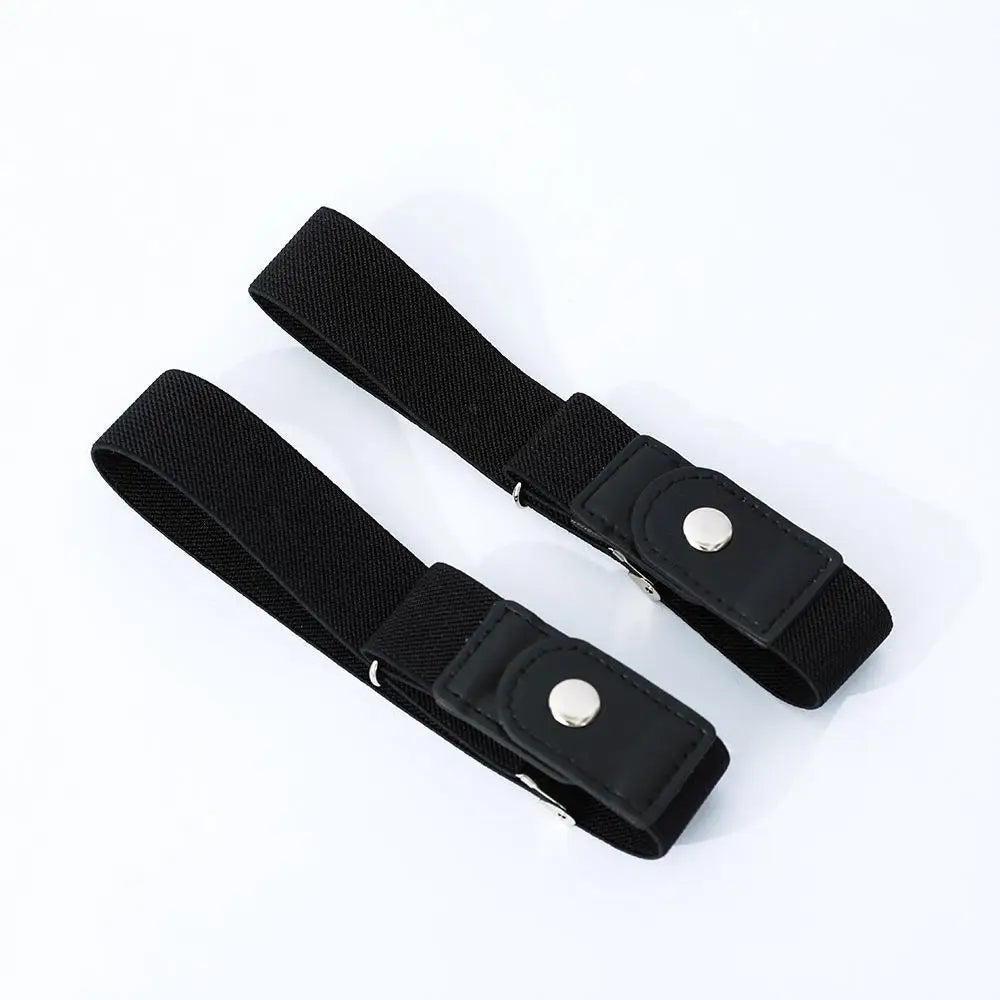 A black elastic casual belt with silver-toned buckles shown diagonally on a white background.