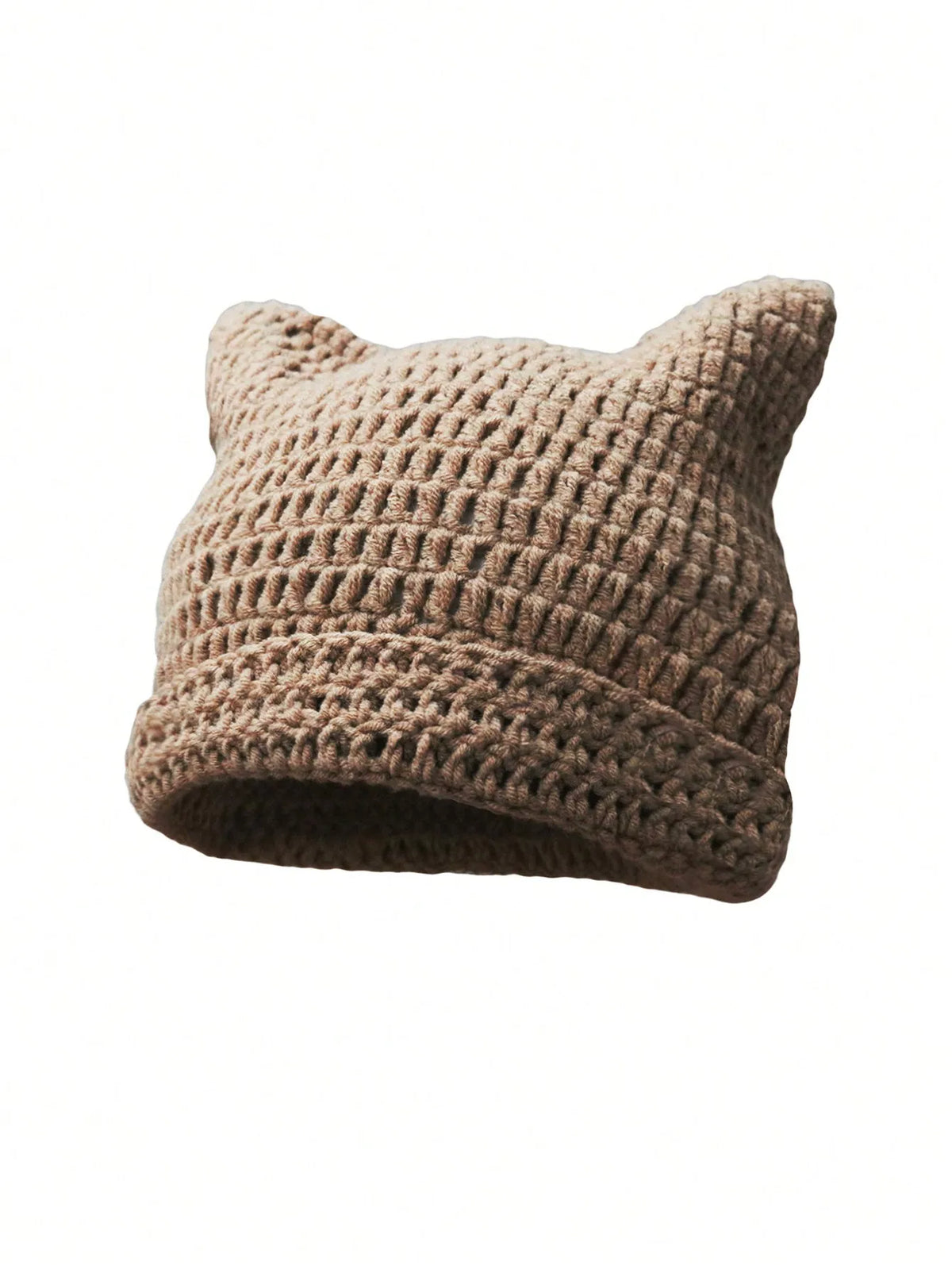 A knitted brown crocheted beanie hat with cat ears.