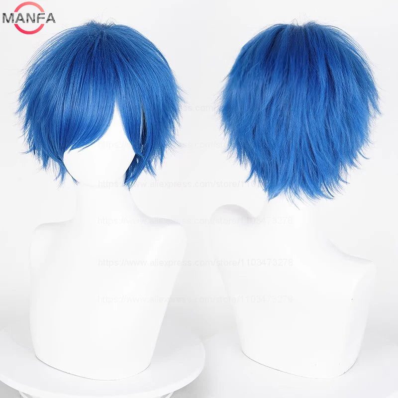 Una peluca de cosplay azul brillante, corta y en capas, con cabello sintético resistente al calor.