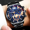 A close-up shot of a black men's stainless steel quartz watch with a blue dial and gold accents on a wrist.