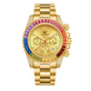 A gold quartz watch with a colorful gemstone bezel and diamond accents on the dial and bracelet.