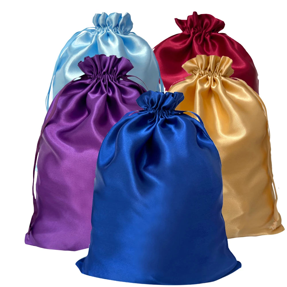 A collection of satin drawstring storage bags in various colors including blue, purple, pink, and gold.