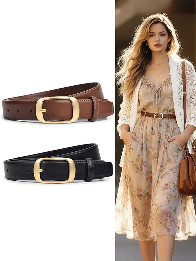 A woman models a beige floral dress and white lace jacket paired with a brown leather belt and gold buckle.