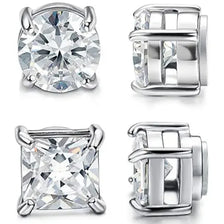 Silver magnetic stainless steel stud earrings featuring round and square clear stones