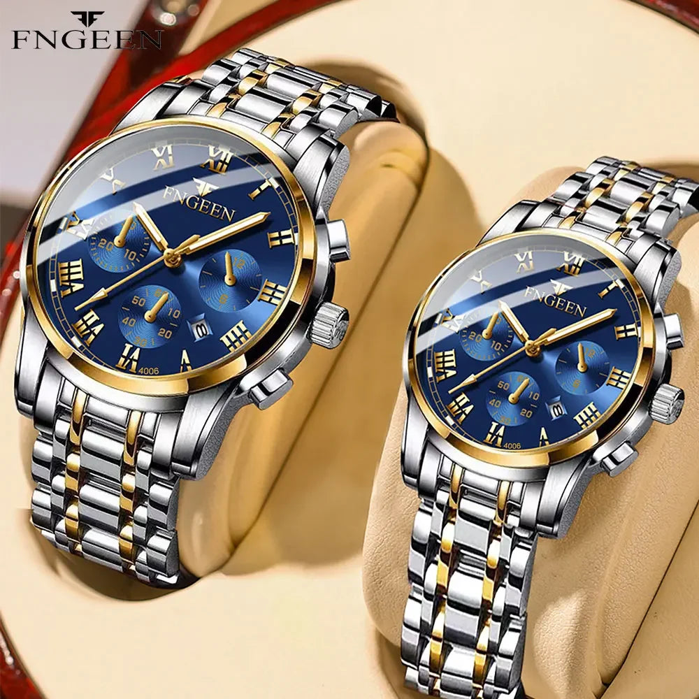 Ein Paar Edelstahl-Paaruhren mit Quarzdials und goldenen Akzenten auf hellem Hintergrund.