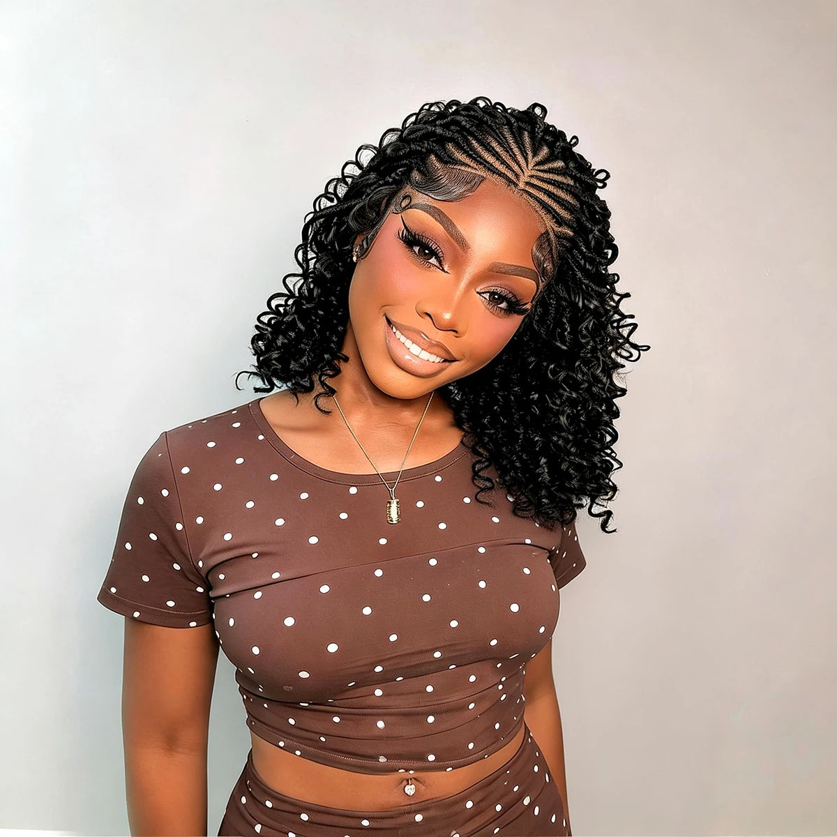 Femme modélisant une perruque tressée cornrows naturelle de 16 pouces avec un haut et un bas à pois marron assortis.