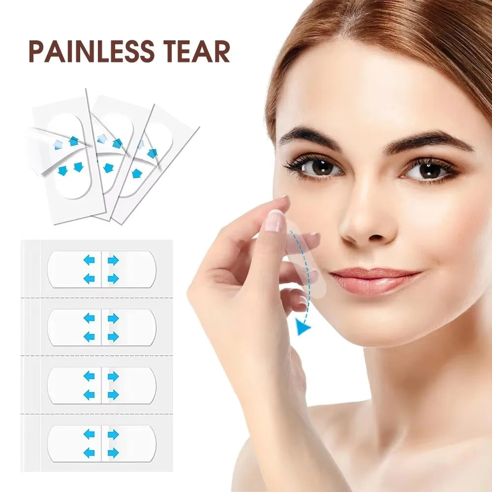 A woman applies invisible V-shape face lifting adhesive patches to her skin for painless tear treatment.