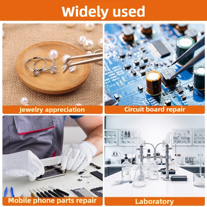 Collage showing widely used items like jewelry appreciation, circuit board repair, mobile phone parts repair, and a la