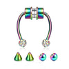 A silver and iridescent colored stainless steel nose ring hoop with decorative ball tips.