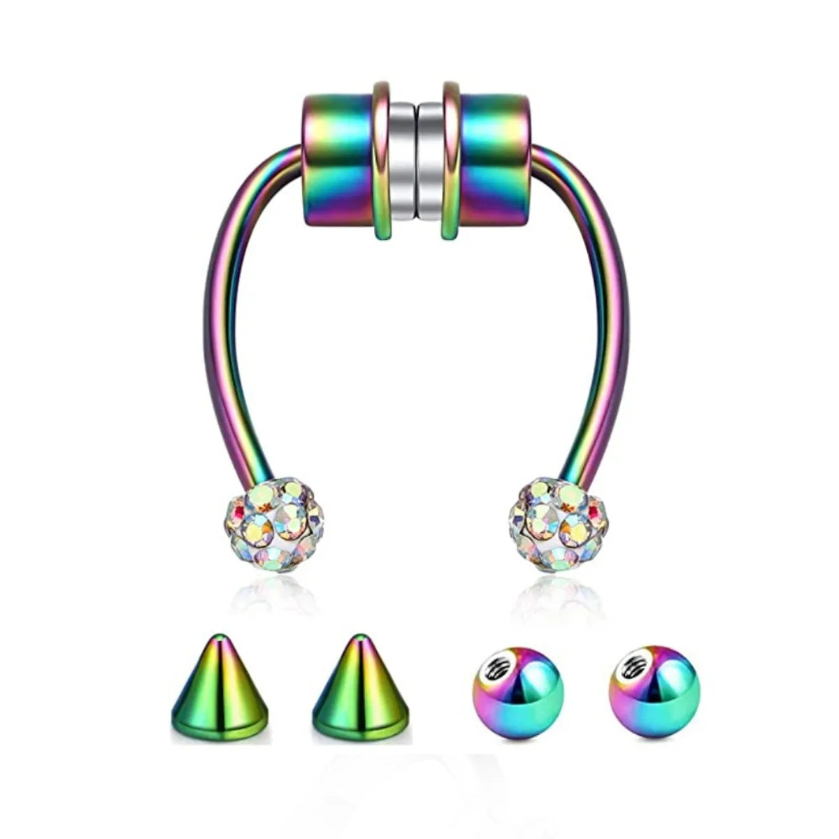 A silver and iridescent colored stainless steel nose ring hoop with decorative ball tips.