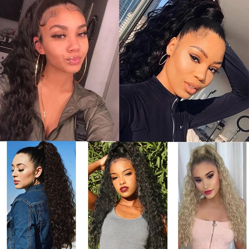 A collage of a woman modeling various long, dark and light curly hair extensions.