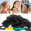 A pile of black elastic hair bands shown next to models demonstrating their use.