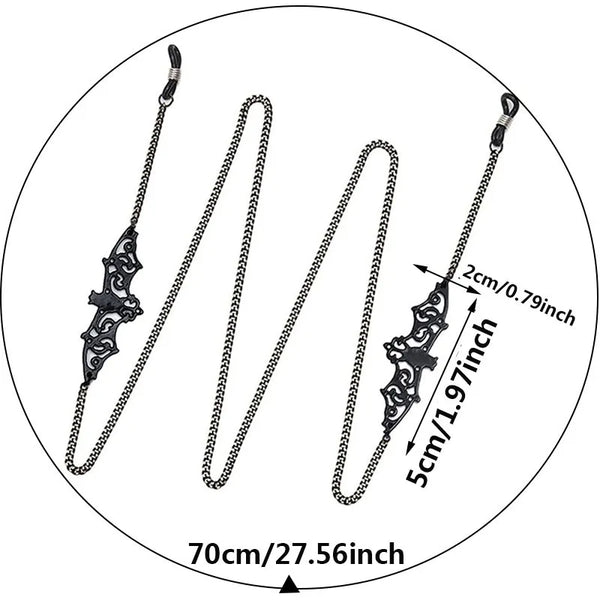Three metal link eyeglass straps shown with various lengths and decorative links.