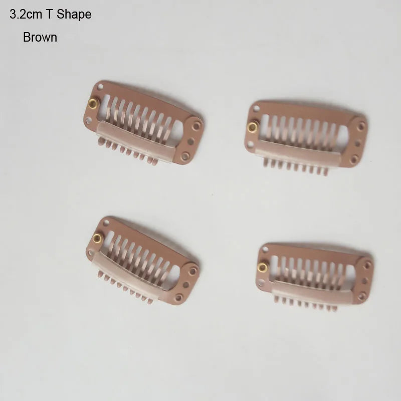 A set of three 3.2cm T-shape hair extension clips in brown color.