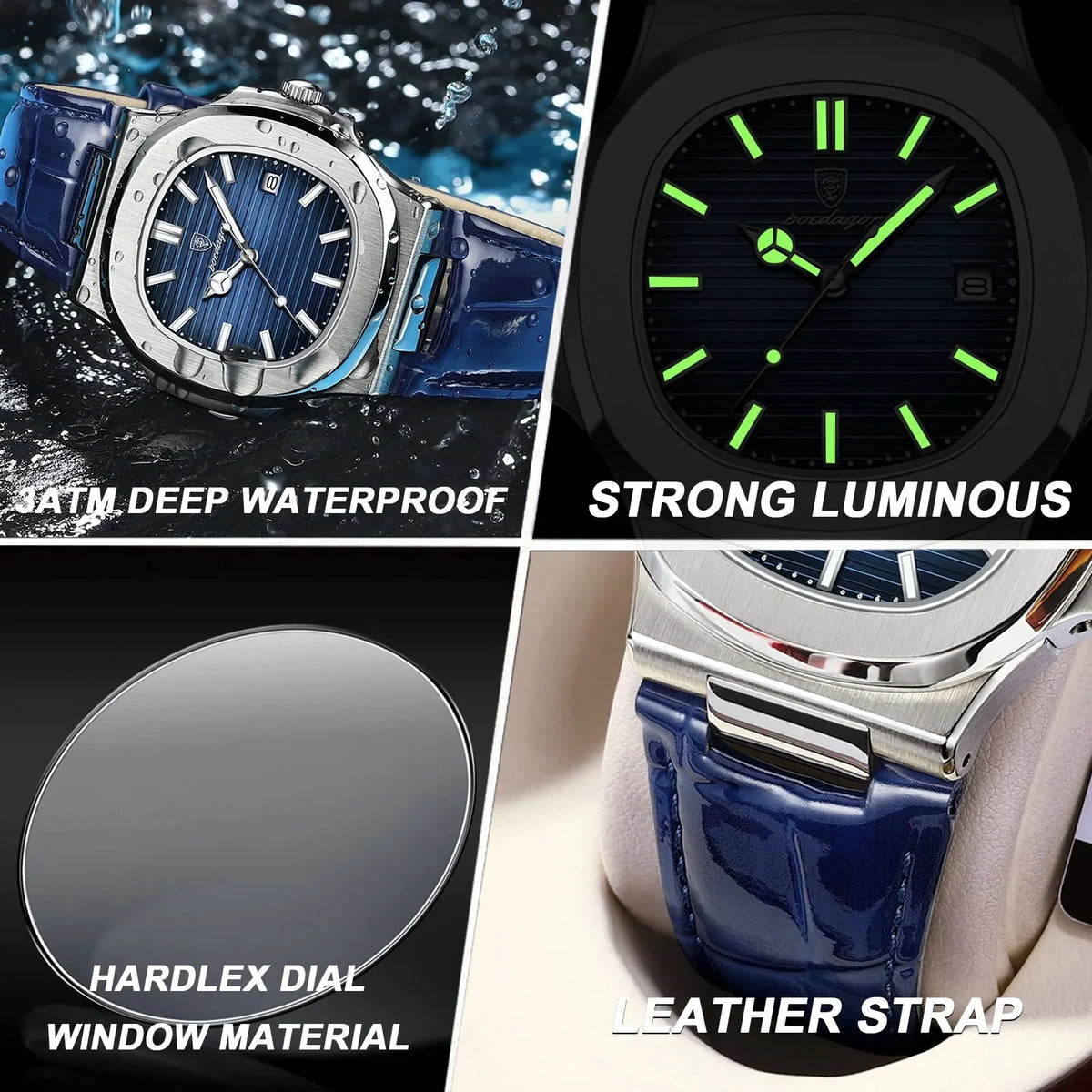 A luxury square men's watch featuring a blue dial, strong luminous hands, a hardlex window material, and a leather strap.