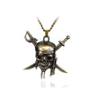 A silver skull pendant necklace featuring a stylized skull and crossed swords.